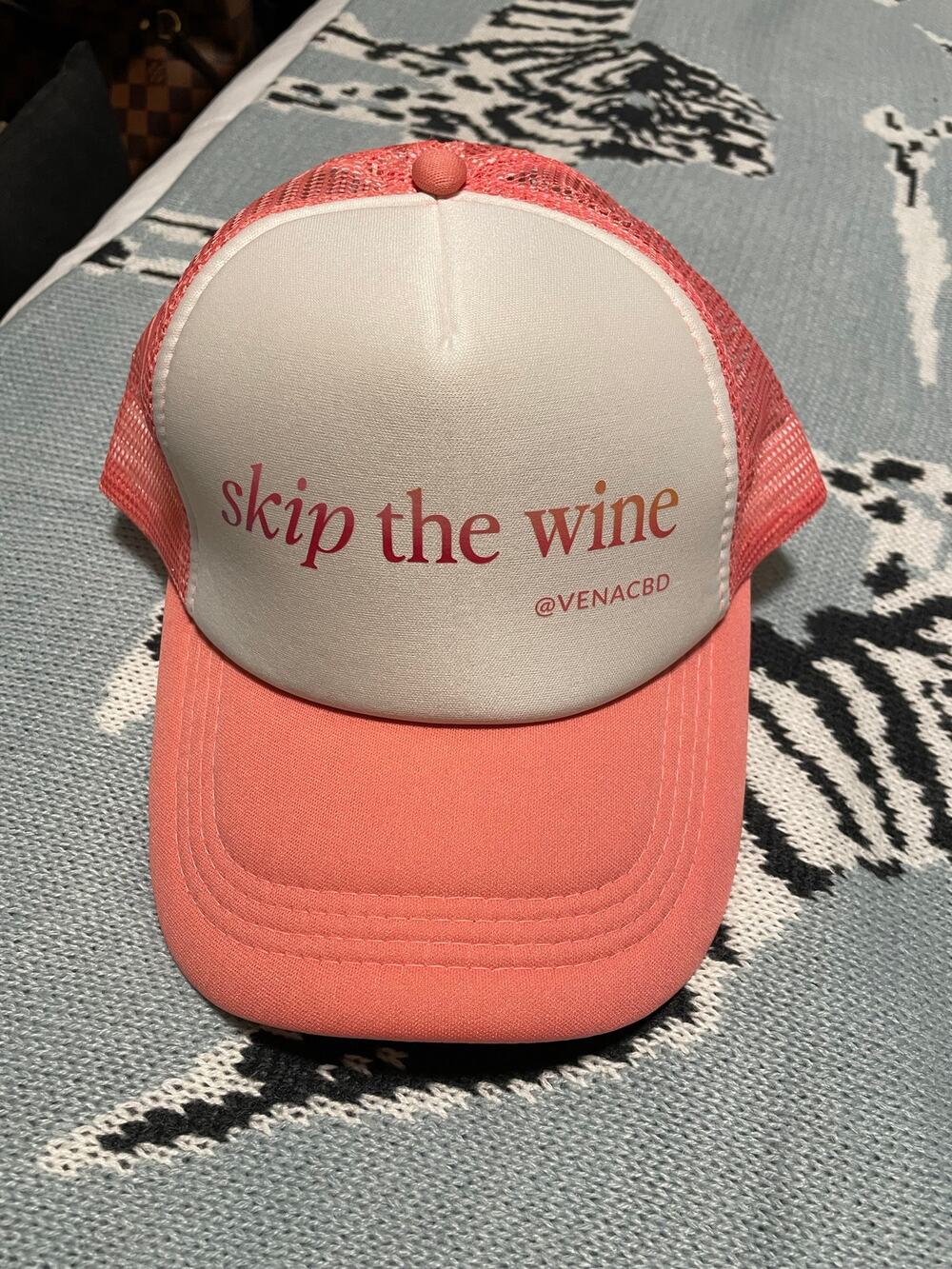 Bravocon swag RHOC Tamra skip the wine venacbd pink trucker hat